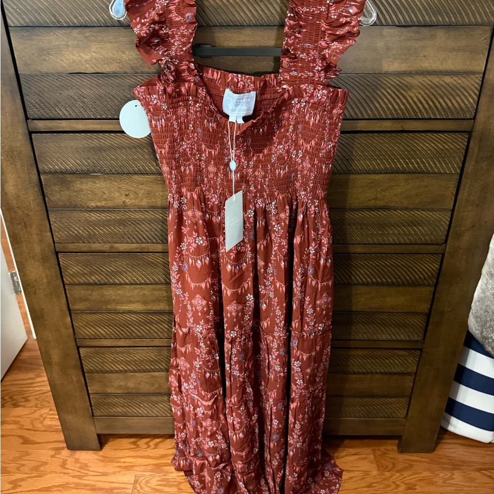 Hill House Home Burgundy Crepe Floral Charms Maxi Dress NWT L Ellie